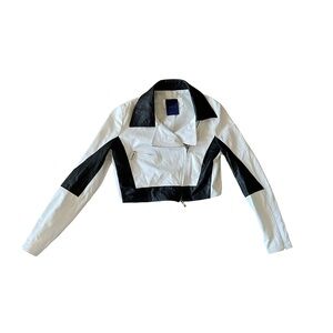 Italian Leather Cropped Black and White Colorblock Moto Jacket Small